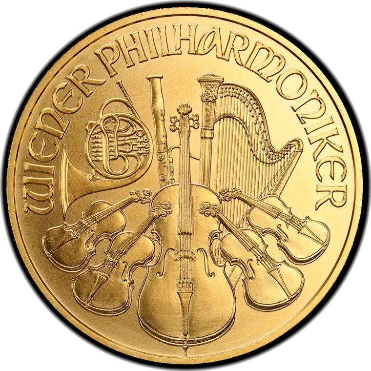 A one ounce Vienna Philharmonic, orchestral instruments on the reverse